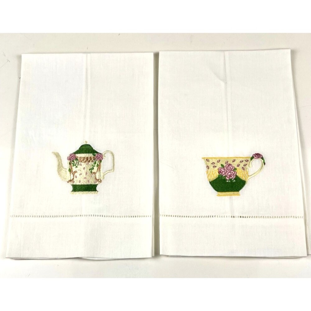 Vintage Embroidered Tea Towel Set Green Teapot Teacup Pink Roses Applique